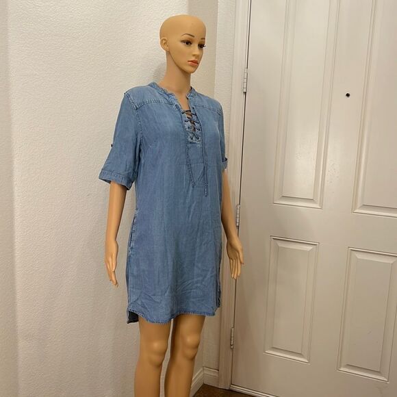 Philosophy Medium Tercel Lace Up Dress Mini Light Wash Denim 3/4 Roll Up Sleeve - Picture 2 of 13